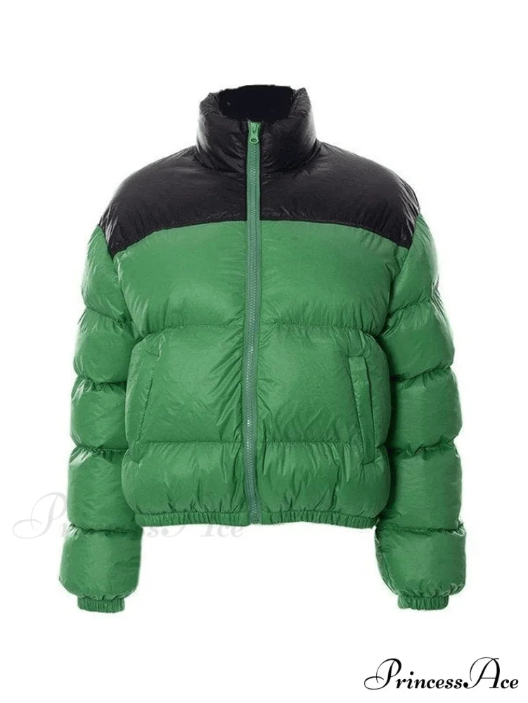 Color Block Zip Trendy Crop Cotton Coat