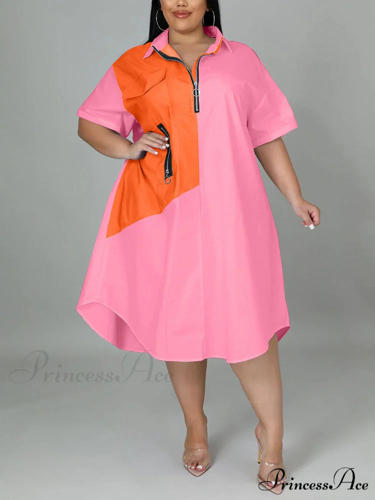 Color Block Zip Trendy Up Puffer Jacket Pink / XL