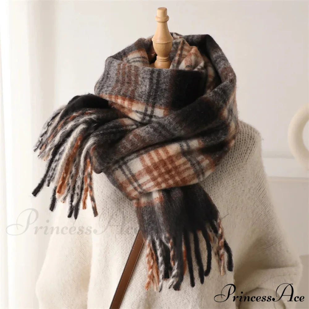 Color Blocked Grid Cashmere Pashmina Wrap Scarf BROWN