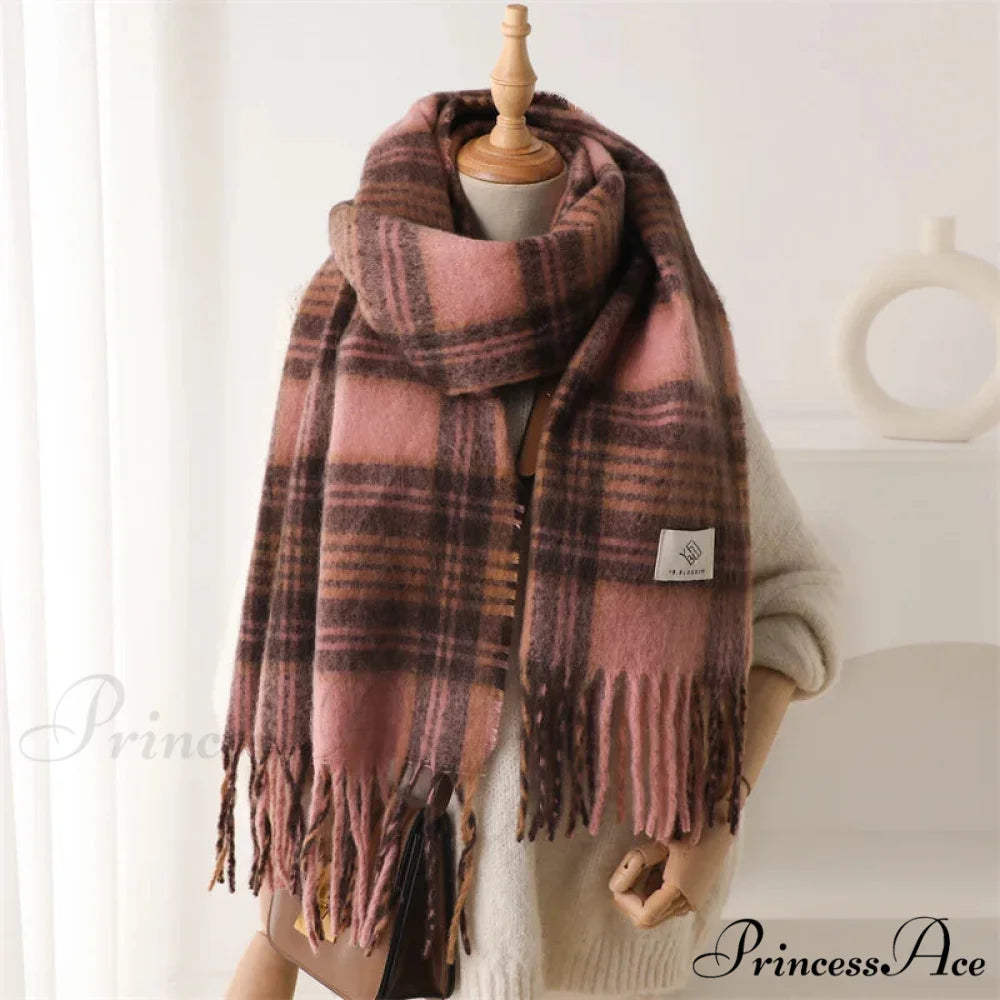 Color Blocked Grid Cashmere Pashmina Wrap Scarf GREY PINK