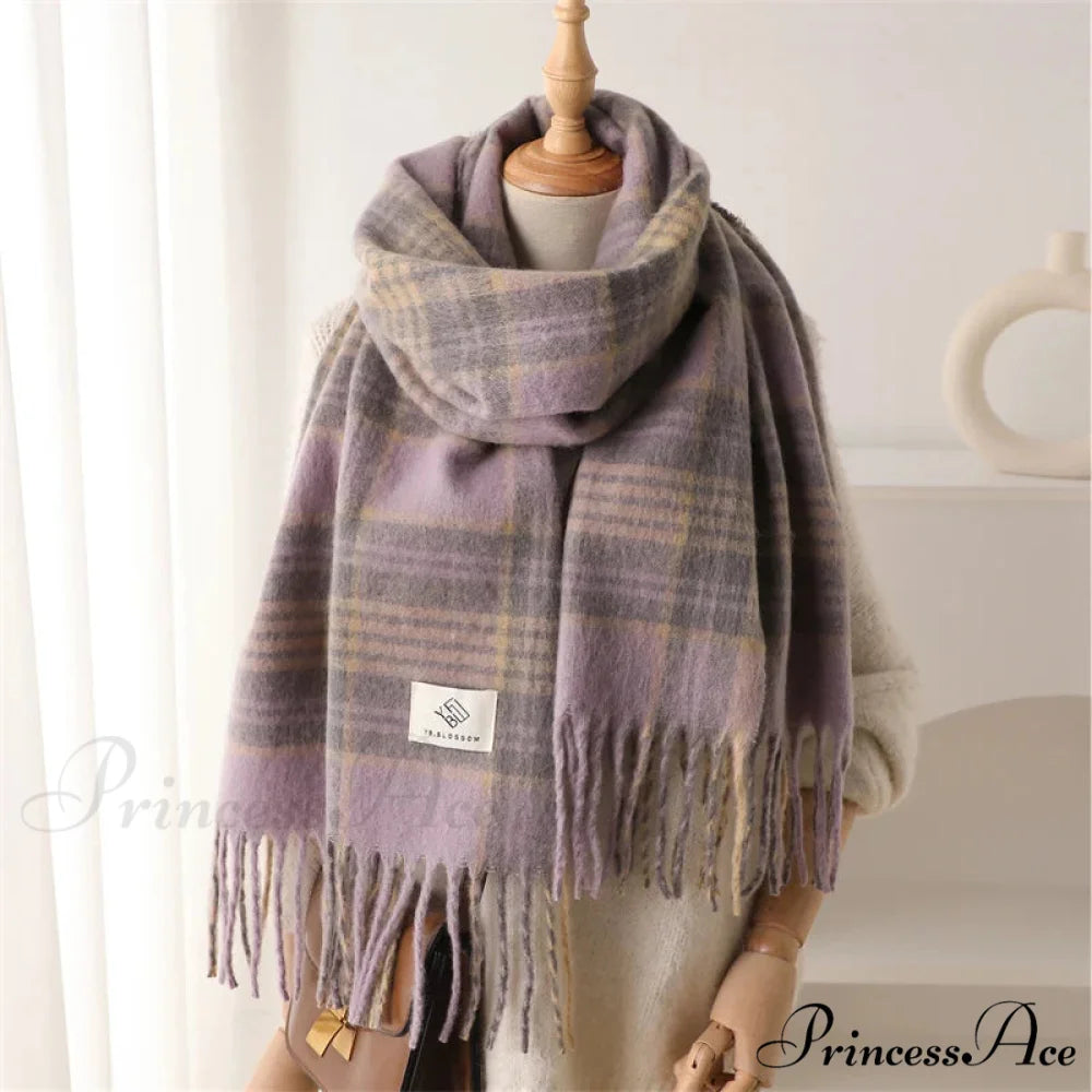 Color Blocked Grid Cashmere Pashmina Wrap Scarf LAVENDER
