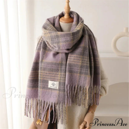Color Blocked Grid Cashmere Pashmina Wrap Scarf LAVENDER