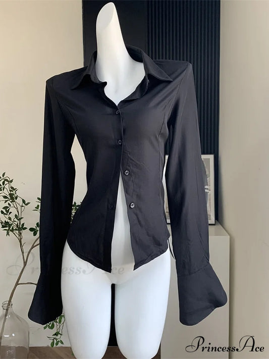 Color Chiffon with Slim Blouse Flare Design Solid Arm Retro for Tunic Women Black / S