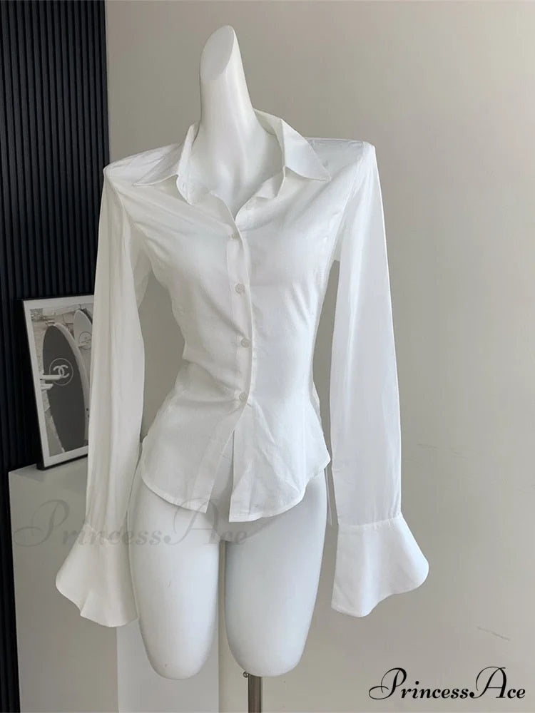 Color Chiffon with Slim Blouse Flare Design Solid Arm Retro for Tunic Women White / S
