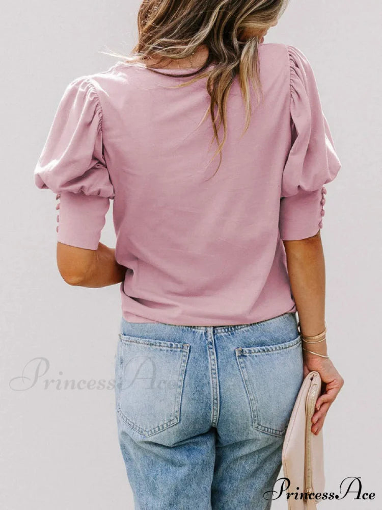 Color for Arm Solid Neck Blouse Puff Crew Women