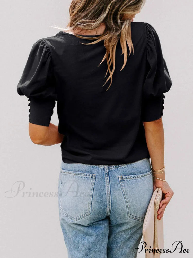 Color for Arm Solid Neck Blouse Puff Crew Women
