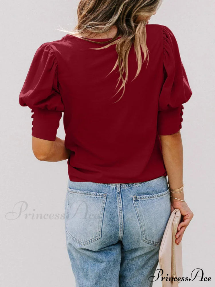 Color for Arm Solid Neck Blouse Puff Crew Women