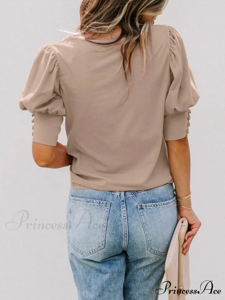 Color for Arm Solid Neck Blouse Puff Crew Women