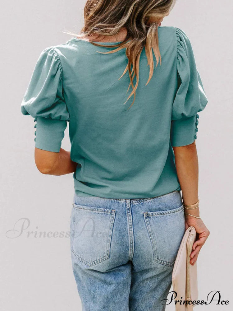 Color for Arm Solid Neck Blouse Puff Crew Women