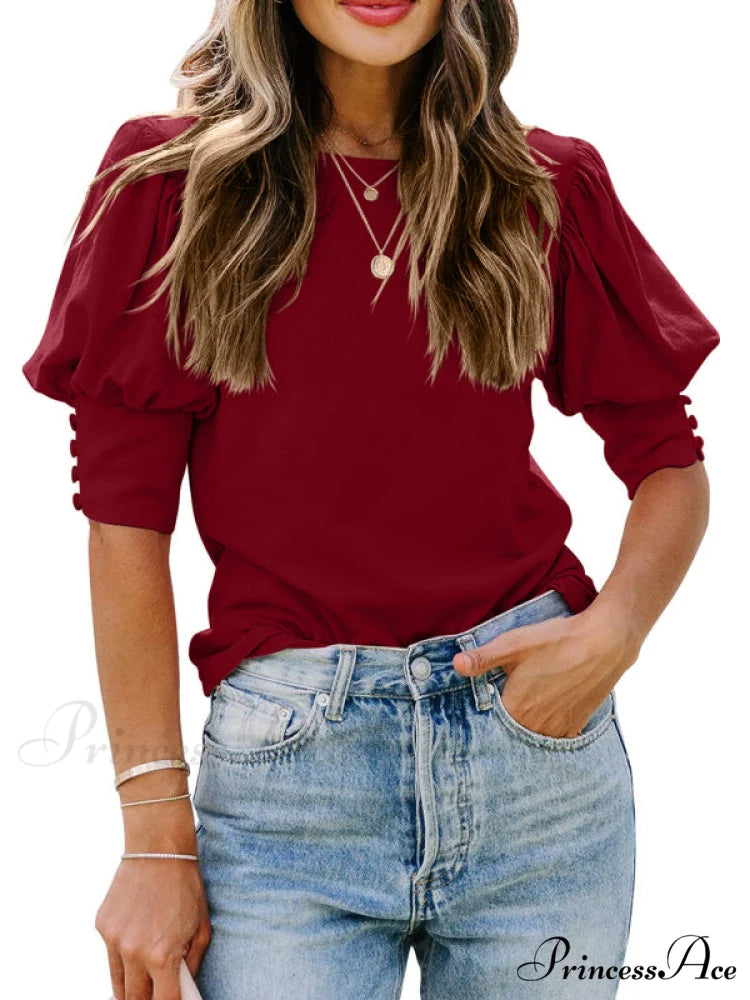 Color for Arm Solid Neck Blouse Puff Crew Women