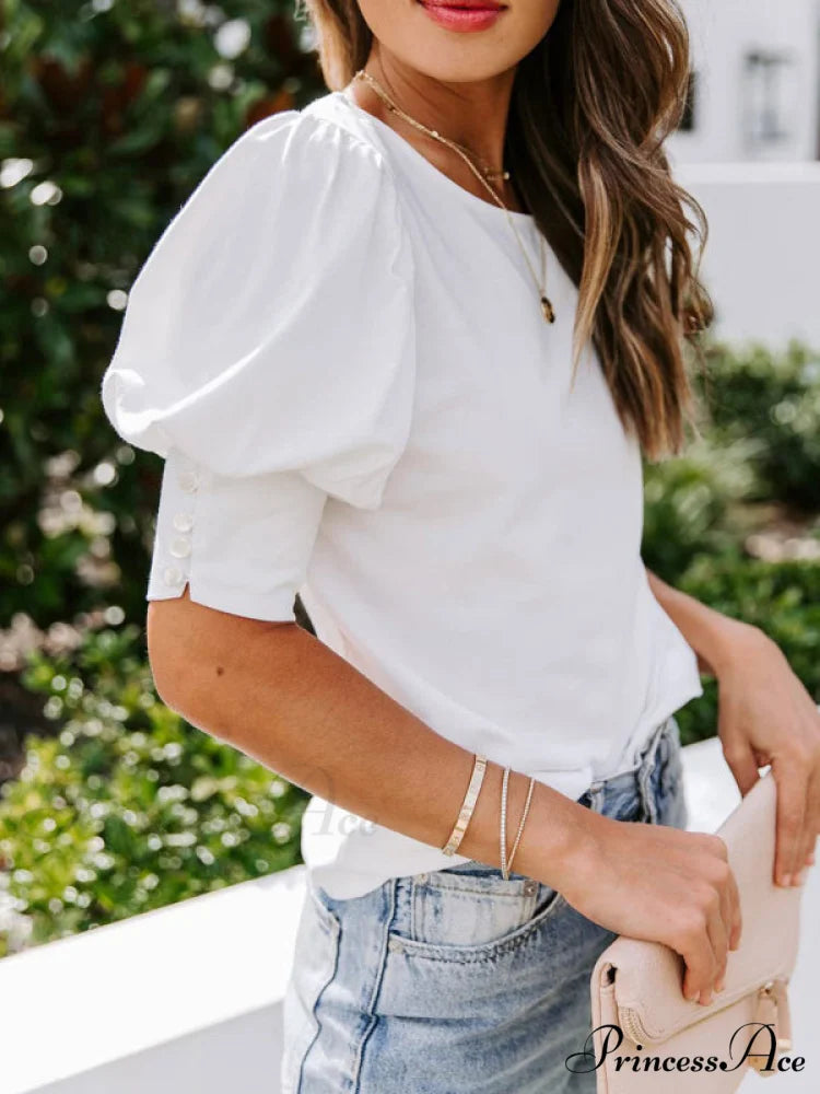 Color for Arm Solid Neck Blouse Puff Crew Women White / S