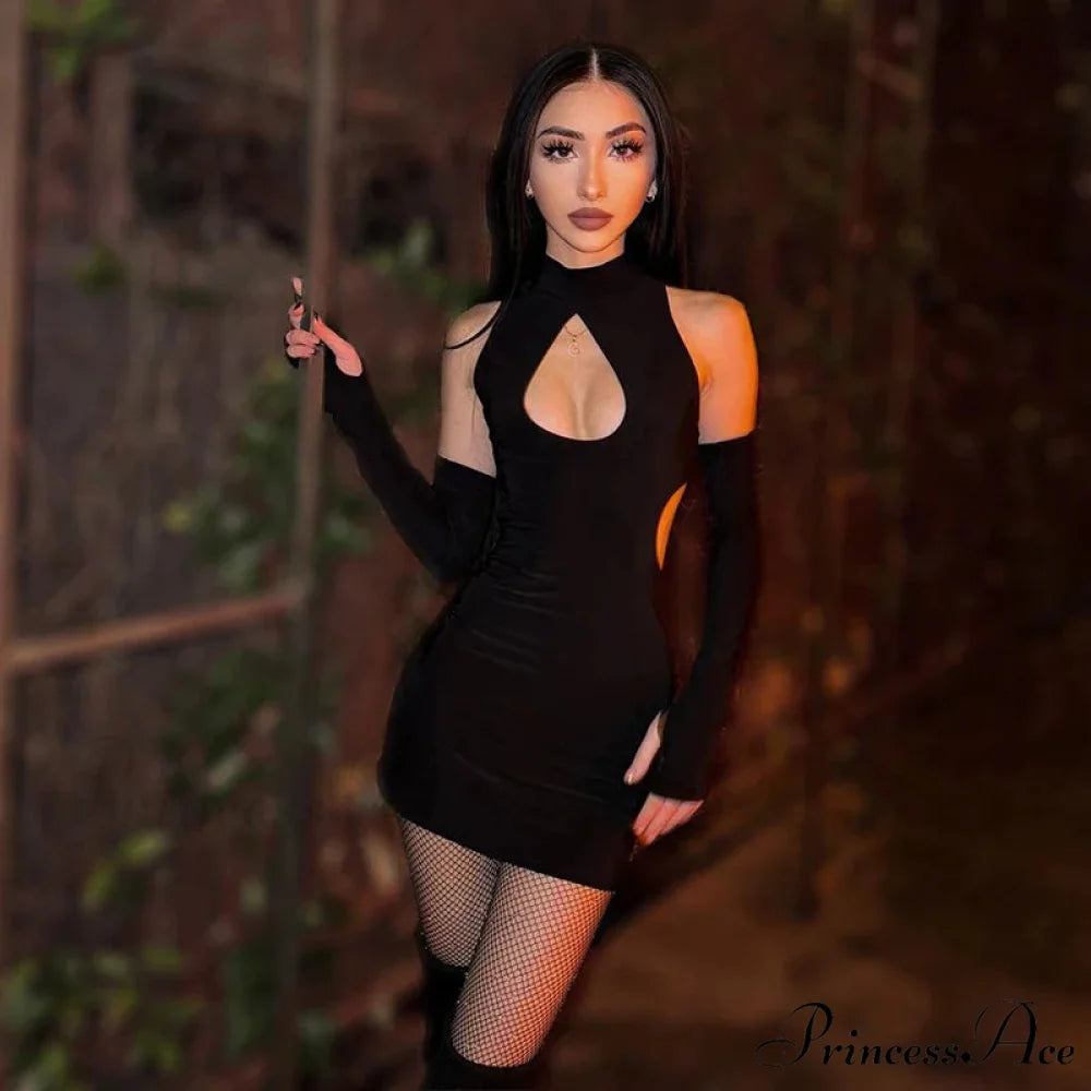 Color Front Chest Water Drop Hollowed Out Half Height Leader Suit with Finger Cuffs Tight Cut Out Dress
