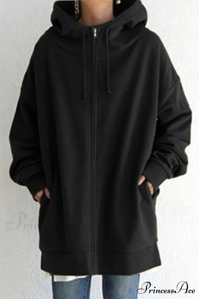 Color Hoodie Zipper Solid - Mid-length Black / S Sweatshirts & Hoodies-L