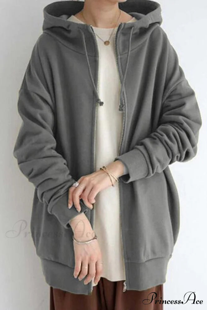 Color Hoodie Zipper Solid - Mid-length Grey / S