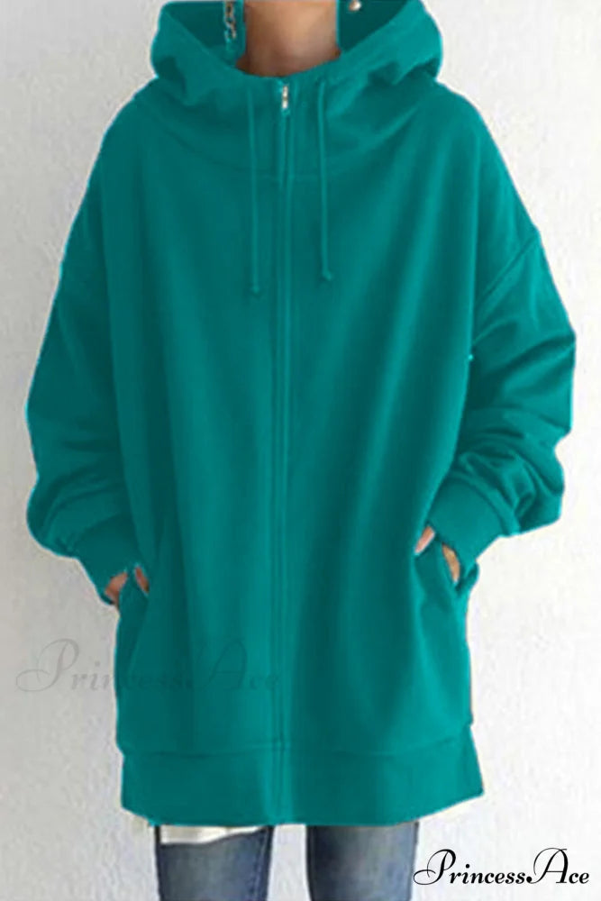 Color Hoodie Zipper Solid - Mid-length Malachite Green / S