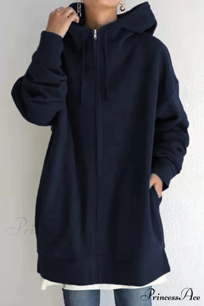 Color Hoodie Zipper Solid - Mid-length Navy Blue / S