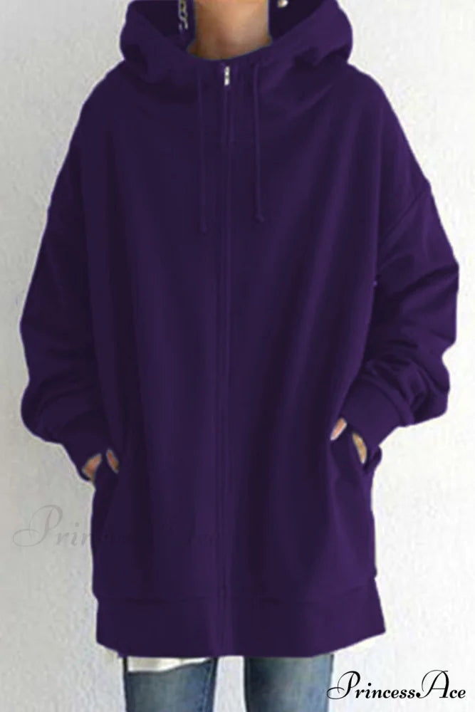 Color Hoodie Zipper Solid - Mid-length Purple / S
