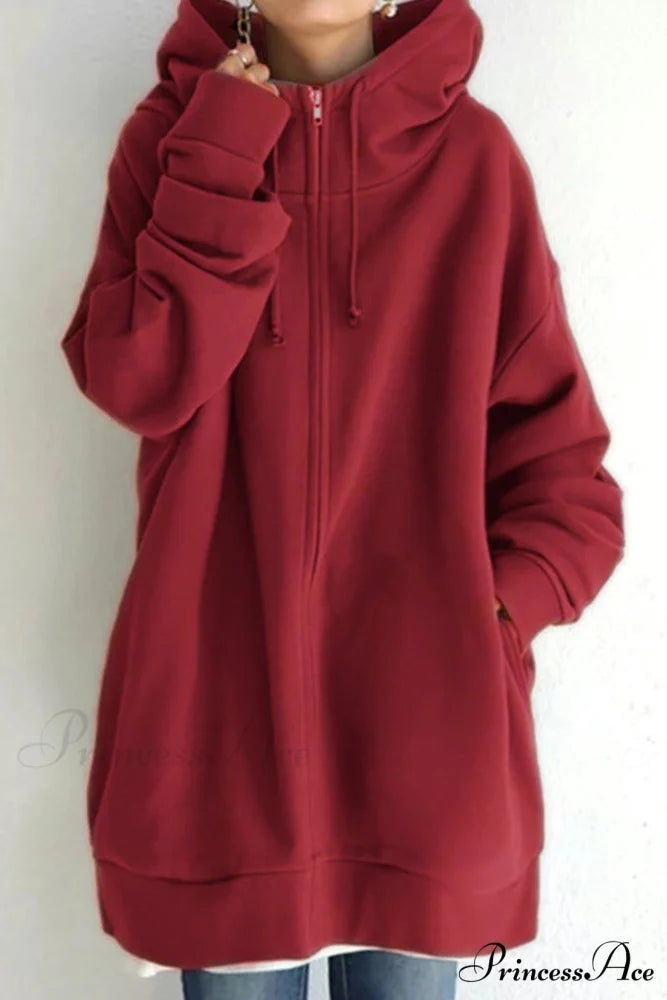 Color Hoodie Zipper Solid - Mid-length Red / S