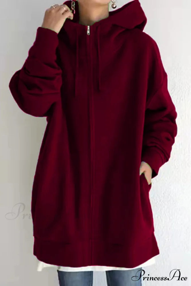 Color Hoodie Zipper Solid - Mid-length Wine Red / S