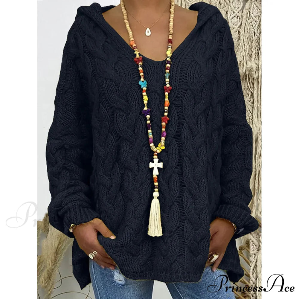 Color Knitted Solid Oversized Sweater Women’s Pullover Black / S