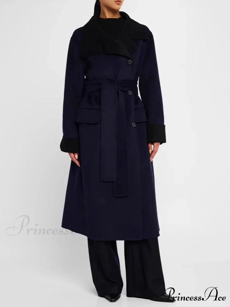 Color Lapel Slim Single-Breasted Overcoat Modified Output: Shade Lapel Trim Single-Breasted Overcoat Navy / S