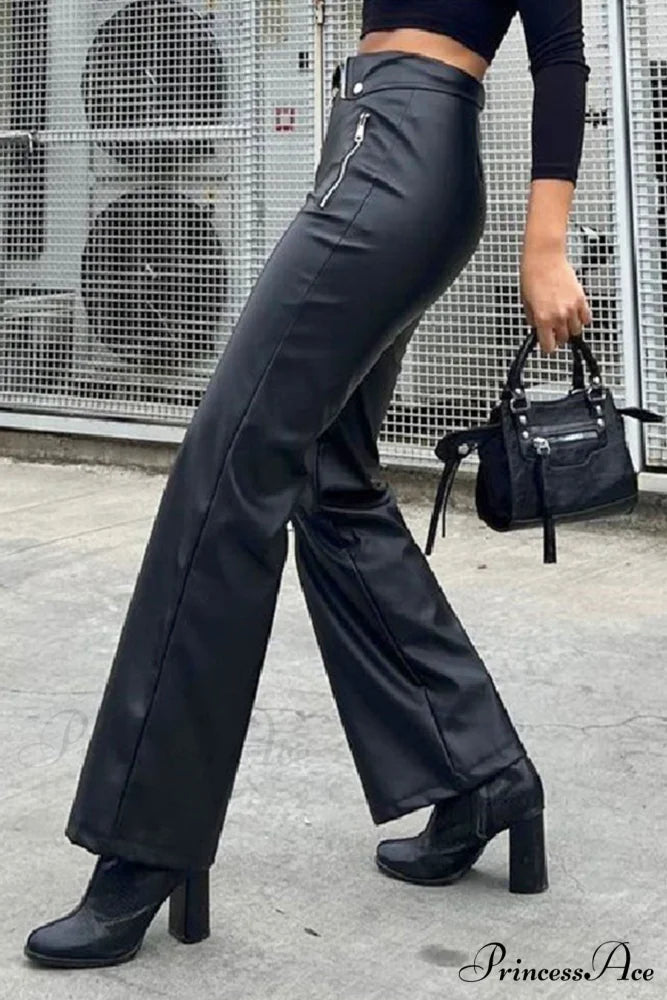 Color Leather Zipper with Solid Straight Pants Front Black / L