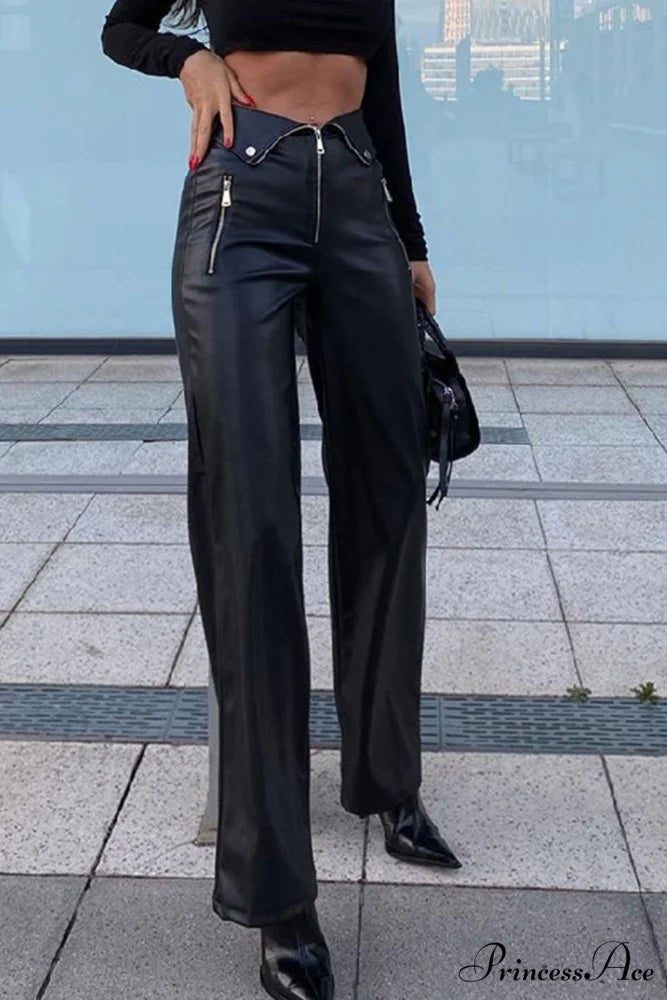Color Leather Zipper with Solid Straight Pants Front Black / M