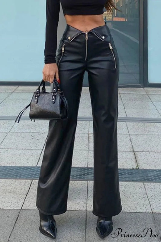 Color Leather Zipper with Solid Straight Pants Front Black / S