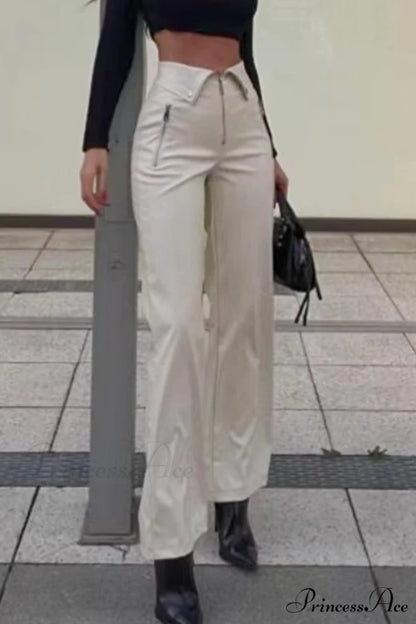 Color Leather Zipper with Solid Straight Pants Front White / L