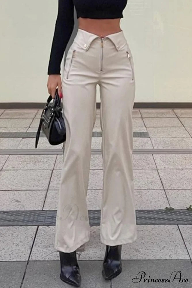Color Leather Zipper with Solid Straight Pants Front White / S