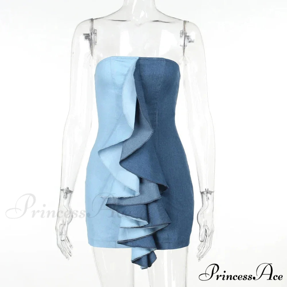 Color Patchwork Ruffles Sexy Mini Strapless Off Shoulder Party 2024 Spring Fall Y2K Clothes Bodycon Dress