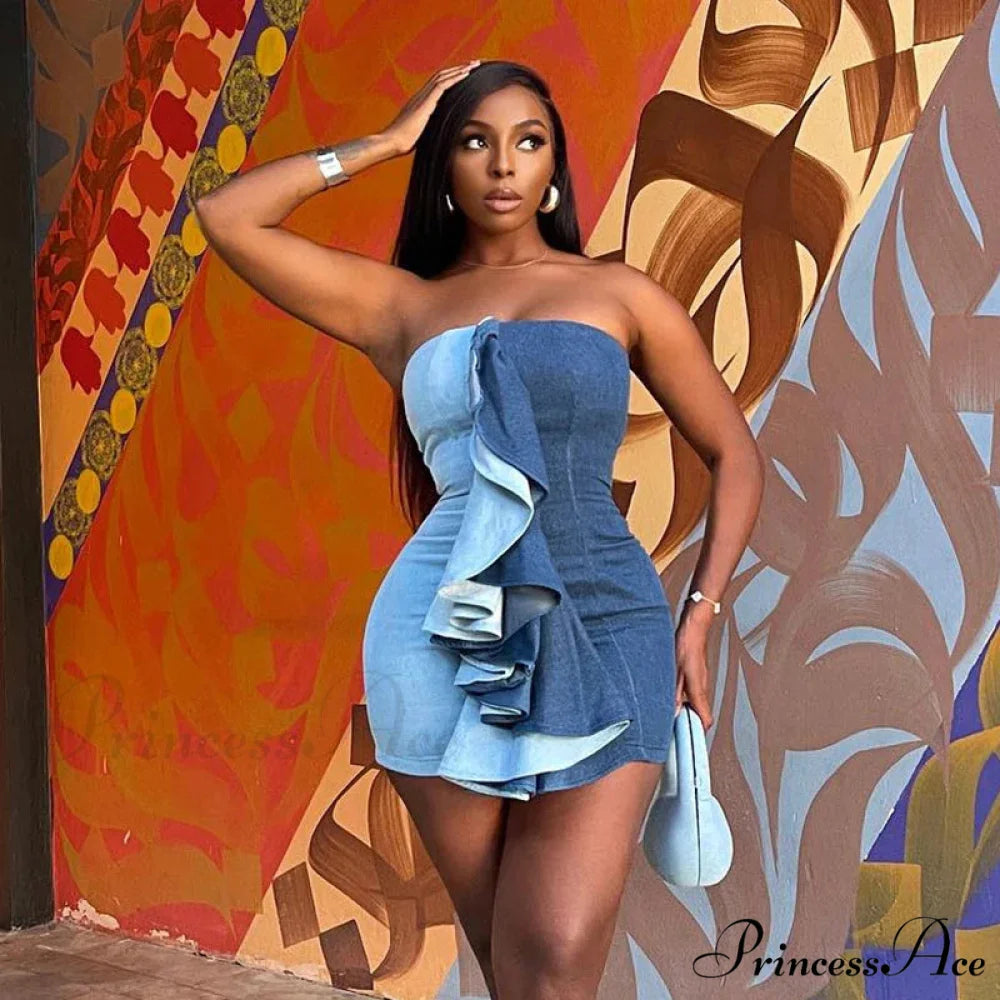 Color Patchwork Ruffles Sexy Mini Strapless Off Shoulder Party 2024 Spring Fall Y2K Clothes Bodycon Dress