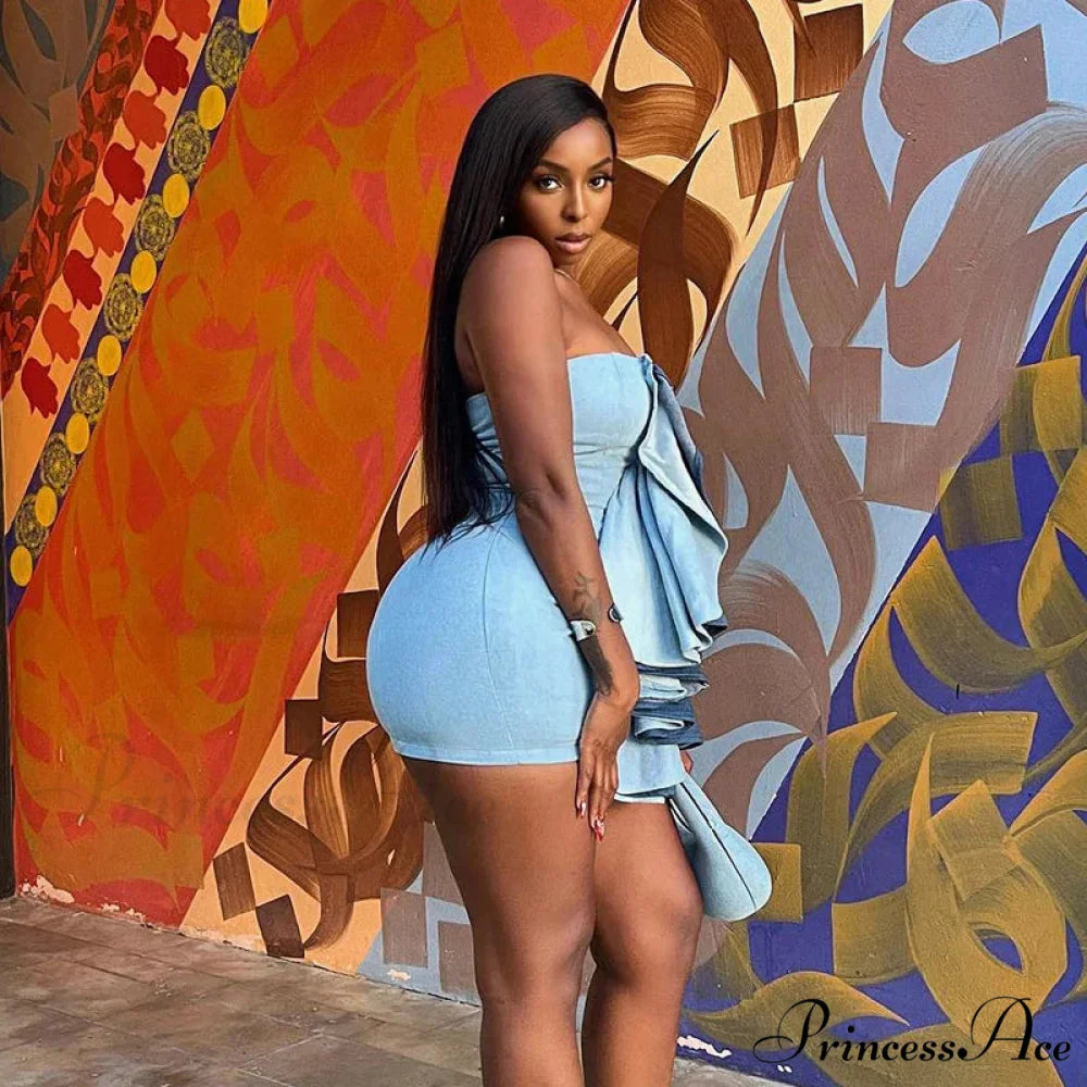 Color Patchwork Ruffles Sexy Mini Strapless Off Shoulder Party 2024 Spring Fall Y2K Clothes Bodycon Dress