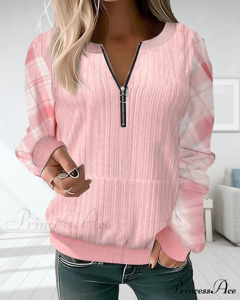 Color Plaid Block Zipper Sweatshirt