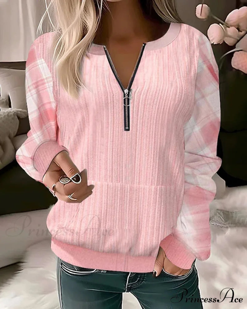 Color Plaid Block Zipper Sweatshirt Pink / S