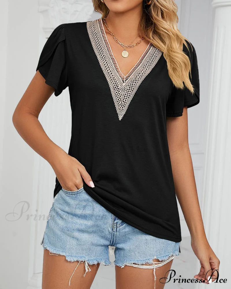 Color Ruffle Arm Solid T-Shirt Black / S