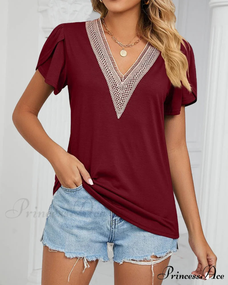Color Ruffle Arm Solid T-Shirt Claret / S