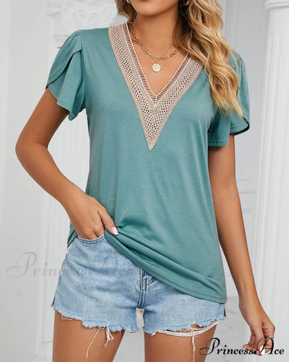 Color Ruffle Arm Solid T-Shirt Green / S