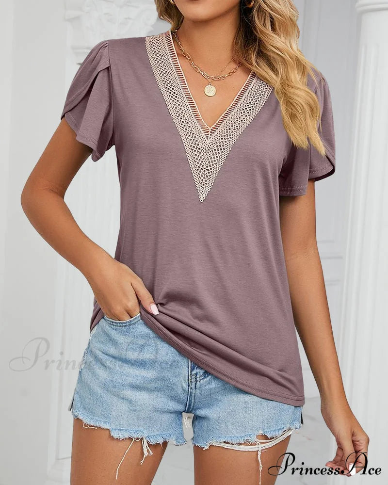 Color Ruffle Arm Solid T-Shirt Purple / S
