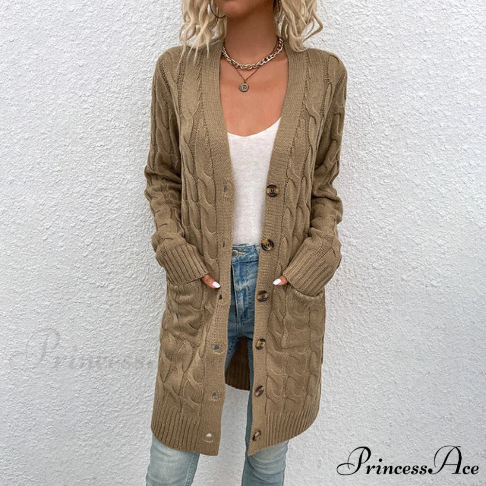 Color Solid Knitted Cardigan Khaki / S