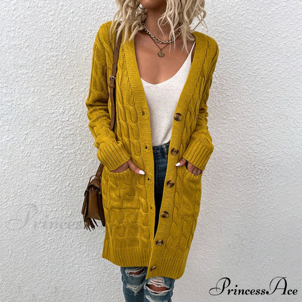Color Solid Knitted Cardigan Yellow / S