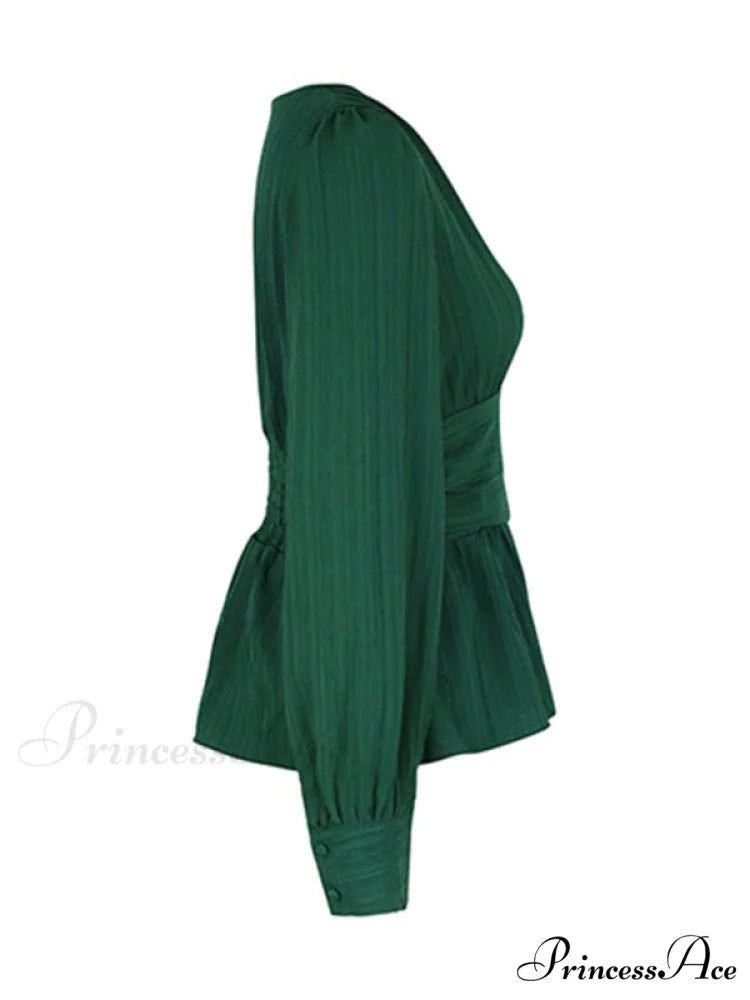 Color V-Neck Waist for Long-Sleeved Solid Blouse Women Green black jasper / S