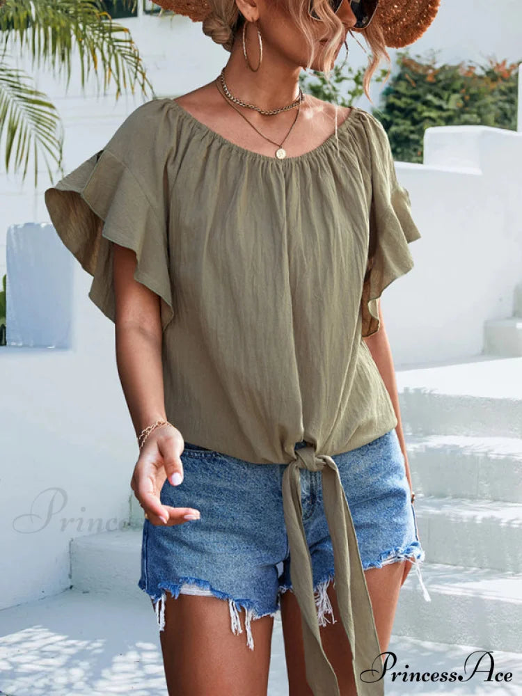 Color Waist Solid The Shoulder Tie Blouse Off for Women