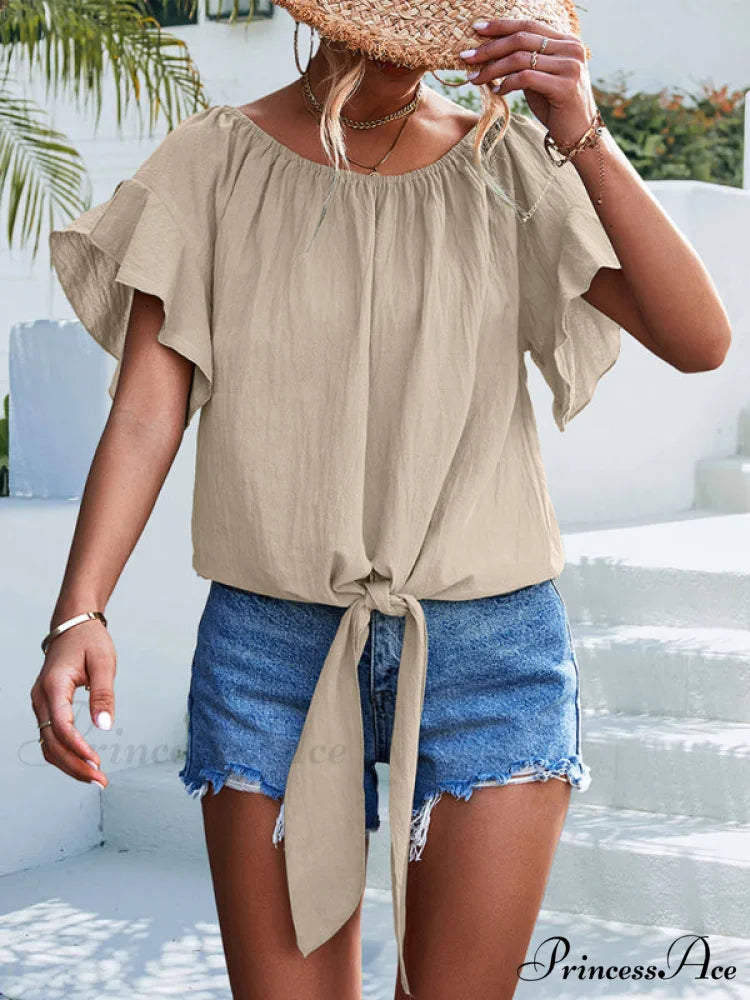 Color Waist Solid The Shoulder Tie Blouse Off for Women