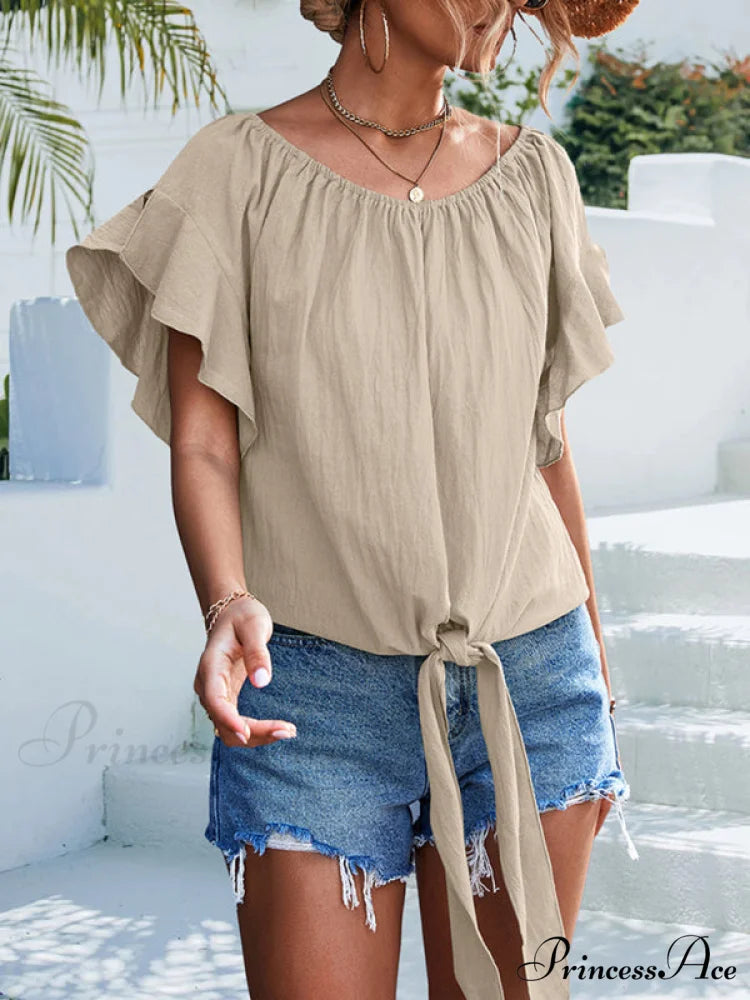 Color Waist Solid The Shoulder Tie Blouse Off for Women