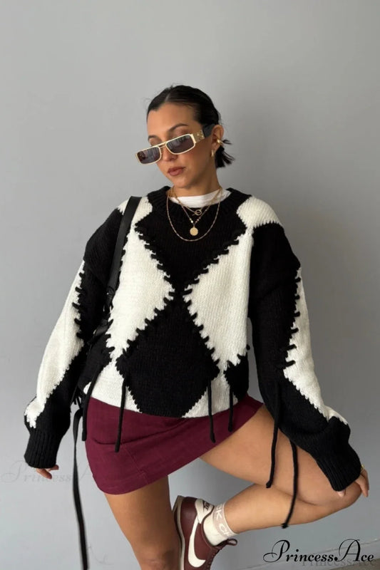 Colorblock Argyle Drawstring Crew Neck Knit Sweater