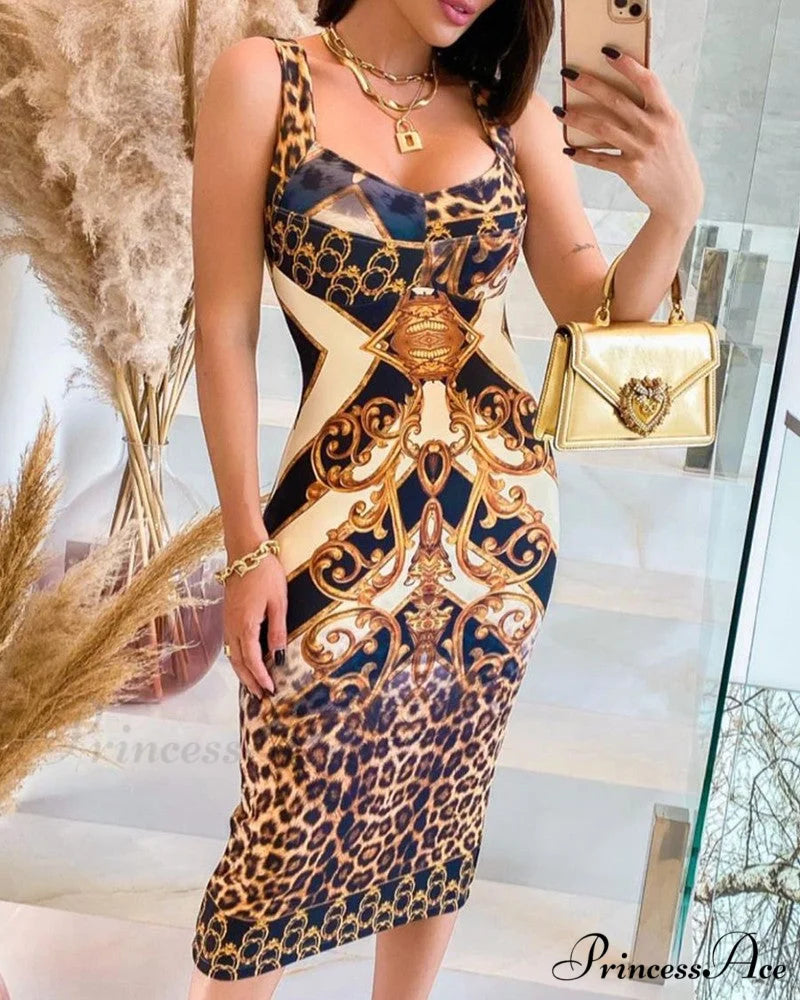 Colorblock Cheetah Design Midi Dress