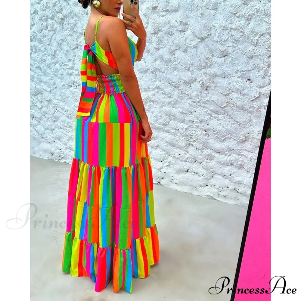 Colorblock V-Neck Spaghetti Strap Modern Tie Detail Maxi Dress