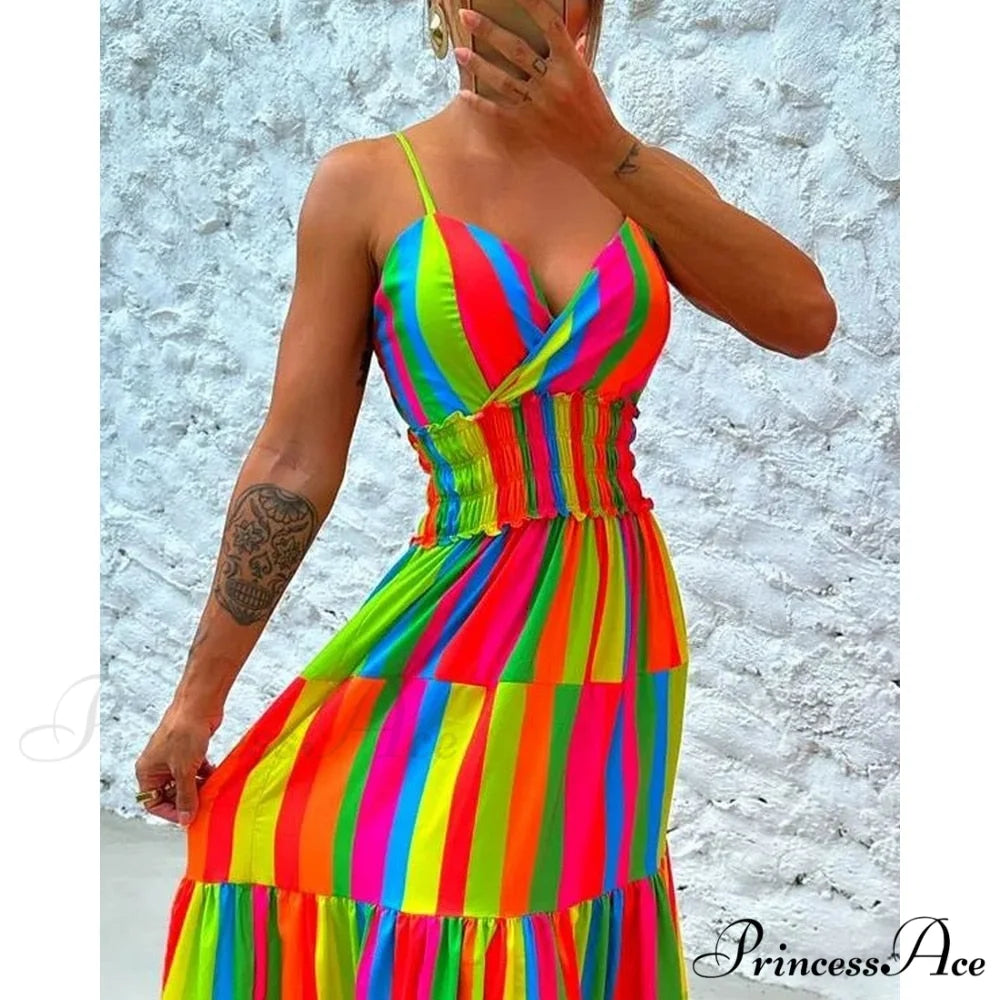 Colorblock V-Neck Spaghetti Strap Modern Tie Detail Maxi Dress