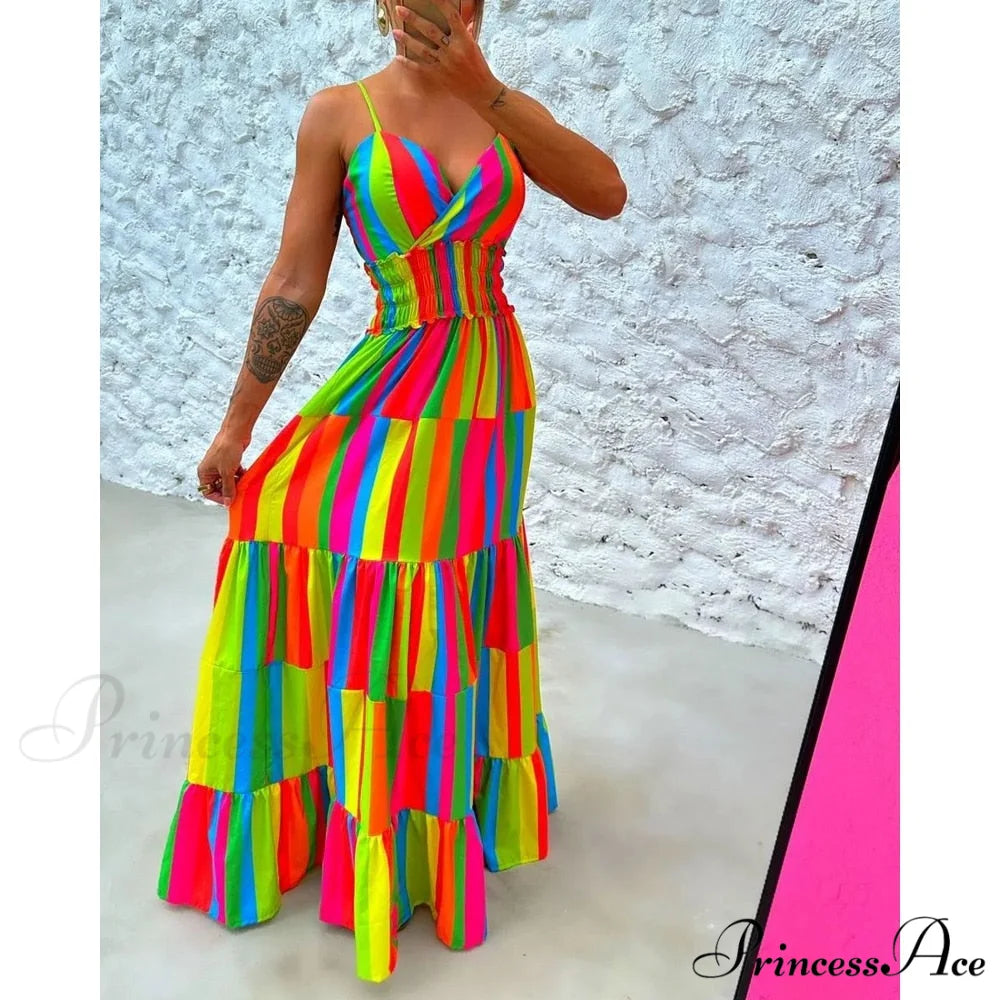 Colorblock V-Neck Spaghetti Strap Modern Tie Detail Maxi Dress multi / S
